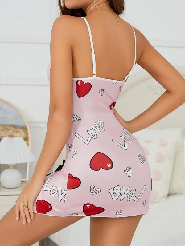 Women's Heart & Letter Print Bowknot Decor Contrast Lace Silky Cami Nightdress, Naughty Lingerie, Adjustable Spaghetti Strap Split Hem Nightgown, Soft Comfortable Sleepwear Lingerie for Women, Pyjamas for Women 8