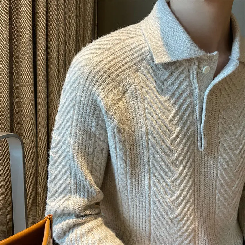 Áo Len Polo Có Ve Áo, Phong Cách Nhật Bản Cổ Điển Tối Giản, Họa Tiết Jacquard, Dành Cho Nam Giới, Thích Hợp Cho Mùa Thu Và Mùa Đông, Thường Ngày, Màu Trơn Áo Len Chui Đầu 5