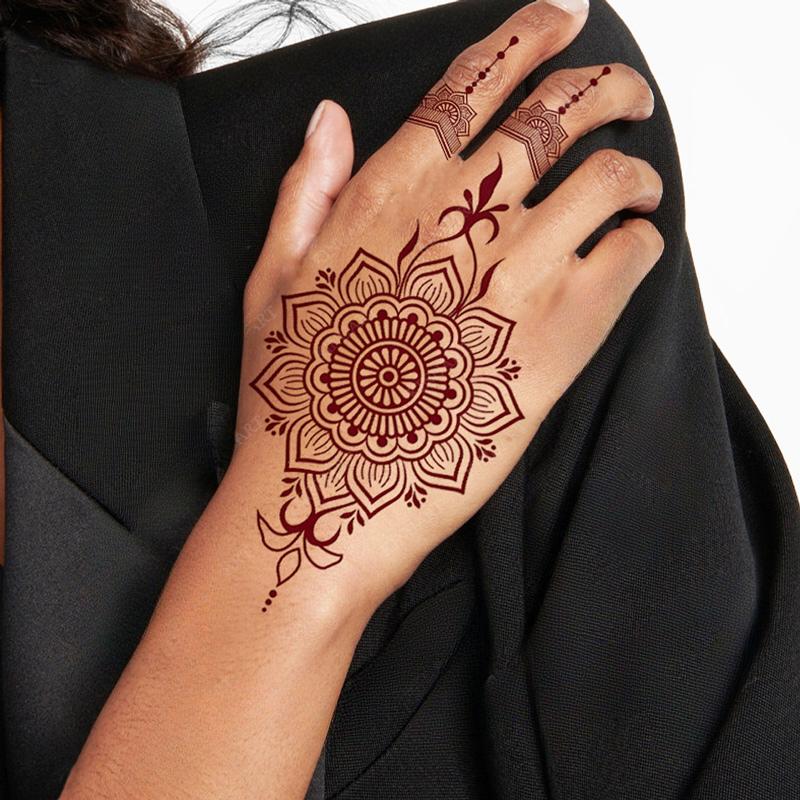 Maroon Brown Henna Tattoo Stickers for Women Waterproof Temporary Tattoos  for Hand Flower Fake Tattoo for Wedding Festival Body Art Tattoo 2