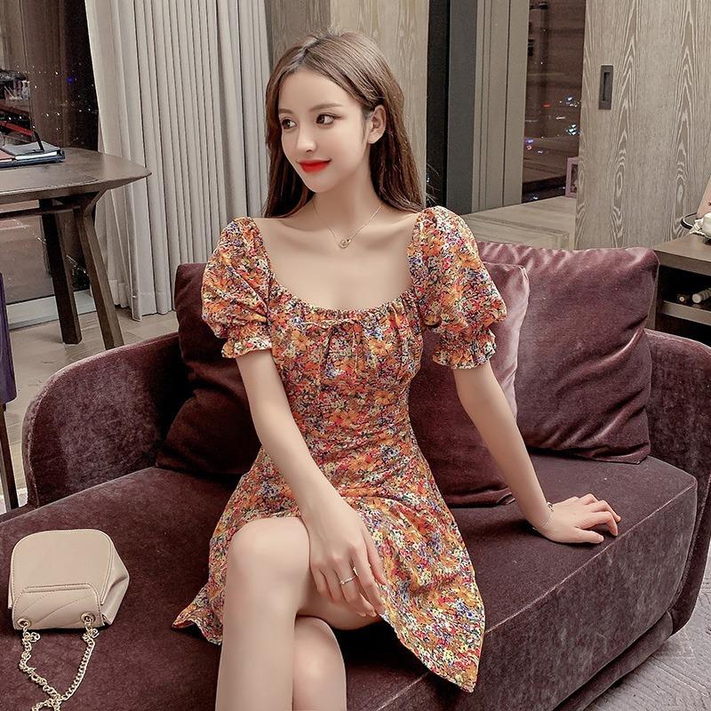 Váy Ngoại Cỡ Thời Trang, Nữ Mùa Hè Mới, Cổ Áo Vuông Cổ Điển Kiểu Pháp, Bó Sát Bụng, Tay Ngắn Phồng, Váy Hoa, Thoải Mái Và Thường Ngày, Năm 2025 1