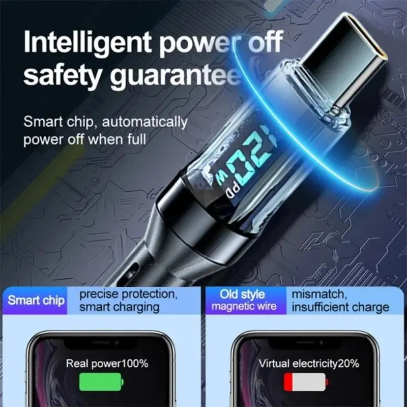 Cáp sạc siêu nhanh USB A đến Type C, 120W, Dây dữ liệu Type C, Tương thích với Xiaomi POCO và Samsung, Có màn hình kỹ thuật số LED, Cáp 1