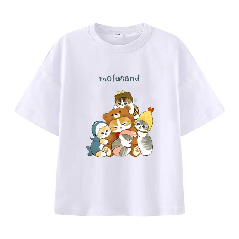 Cotton Short Sleeved Men's and Women's T-shirts, MOFUS and Shark Cat Summer Versatile Western-style Parent-child Outfit Short Sleeved Top