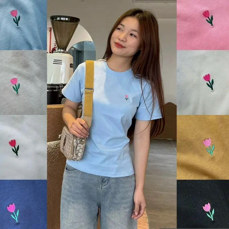 [DEAL XẢ KHO] Áo thêu hoa tulip 8 màu chất cotton 2 chiều cao cấp 250gsm tôn dáng trẻ trung mùa hè Nữ Women Áo Top