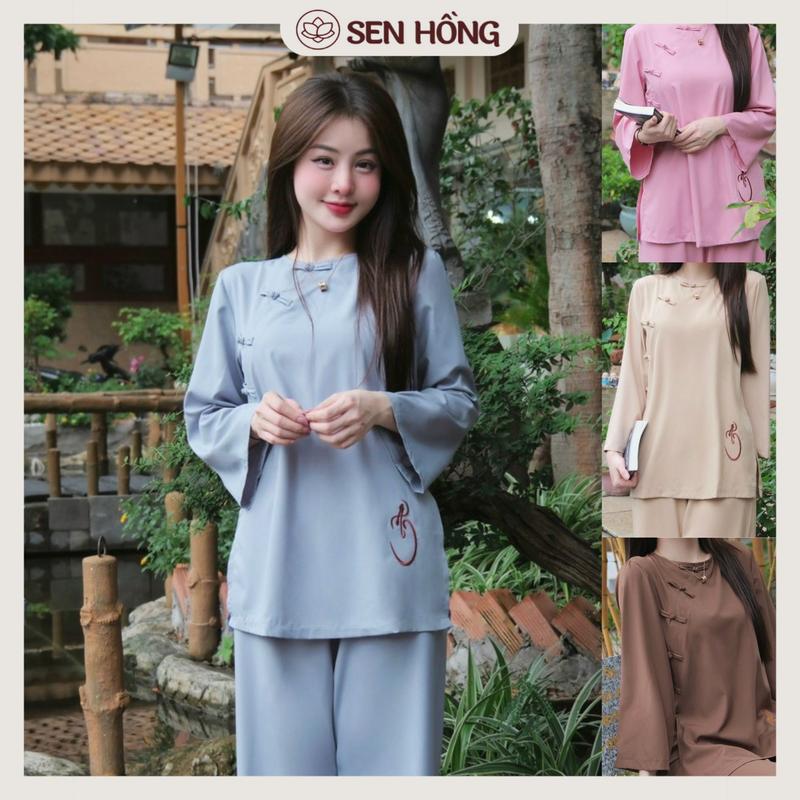 PHÁP PHỤC NỮ - áo lam đi chùa - quần áo Phật tử - bộ lễ phục vải lụa mềm thêu thư pháp chữ An B20