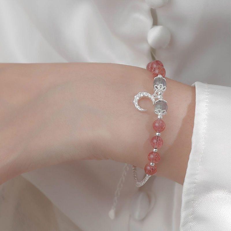 Vòng Tay Pha Lê Dâu Tây Đá Mặt Trăng, Phong Cách Hàn Quốc, Bạc Sterling Của Phụ Nữ, Đơn Giản Và Cá Nhân Hóa, Vòng Tay Màu Hồng, Thích Hợp Cho Học Sinh, Trang Sức Bạn Gái, Thiết Kế Mặt Trăng Sao 1