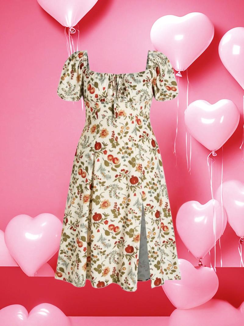 Product Introduction of Back To School Womenswear Plus Size Fruit Print Puff Sleeve Dress, Casual Wear Shirred Split Thigh A Line Dress for Daily Holiday Vacation Wear, Chic Dresses for Women, Women Plus Clothing for Summer,  Clarasummers14 Dress 13