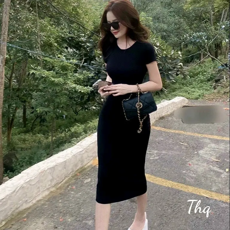 váy body sẻ sau dáng dài chất zip co giãn tốt cổ tròn tay cộc 2