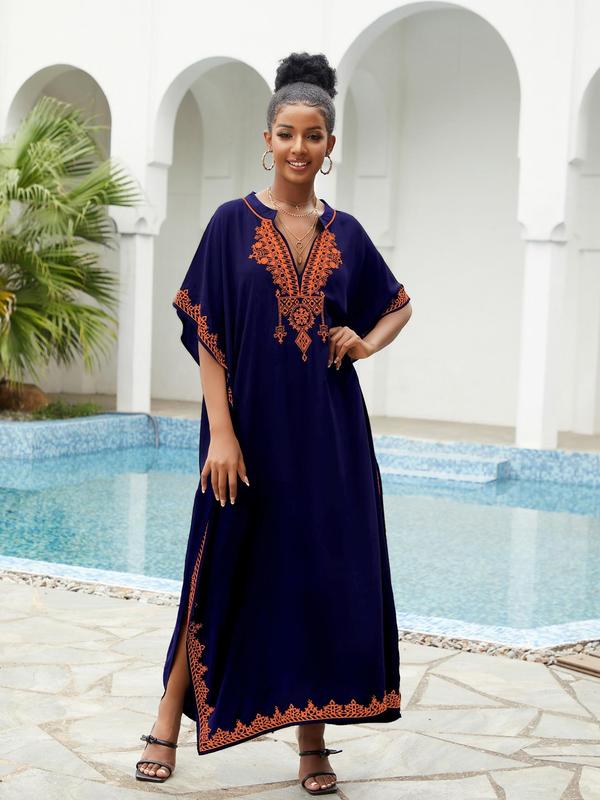 【Plus Size】Ethnic Pattern Split Hem Arabian Dress, Modesty Elegant Batwing Sleeve Notched Neck Long Dress, Holiday Dresses, Muslim Dresses for Women, Summer Kaftan Dress, Wedding Guest Dress, Plus Size Dresses 3