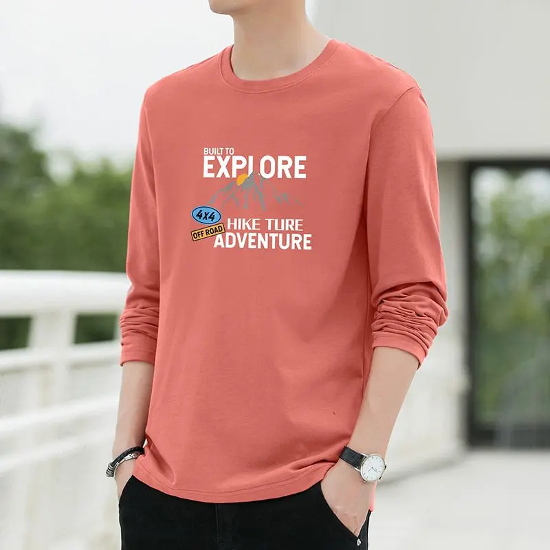 Áo Thun Dài Tay, Dành Cho Nam Giới, Mùa Thu, Chất Liệu Bông, Dáng Rộng Vừa Vặn, Ngoại Cỡ, Cổ Thuyền In Màu Đỏ, Thích Hợp Cho Học Sinh Trung Học Cơ Sở, Áo Sơ Mi Lớp Nền Nhãn Cắt