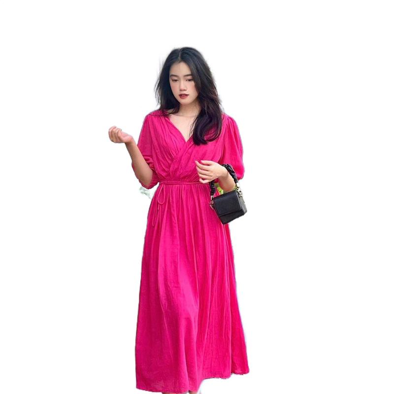 Mintshe - Đầm maxi dáng dài có tay bồng may 2 lớp chất tơ nhăn mềm mát Nữ Women