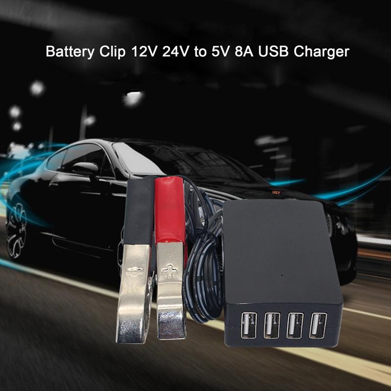 สำหรับตัวแปลง DC พร้อมคลิปหนีบแบตเตอรี่ 12V 24V เป็น 5V 8A อะแดปเตอร์ไฟ USB Buck- ตัวควบคุมการชาร์จสำหรับโทรศัพท์ Apple-Android 7