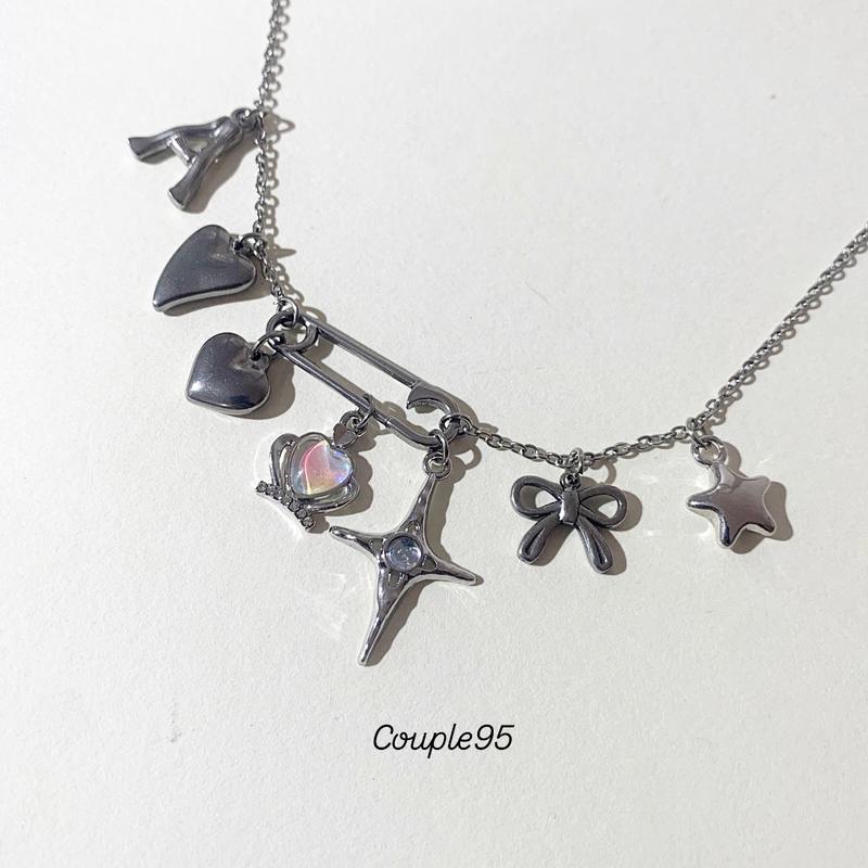 Couple95 Dây chuyền Safety pin charm trái tim ngôi sao bông hoa thép không gỉ