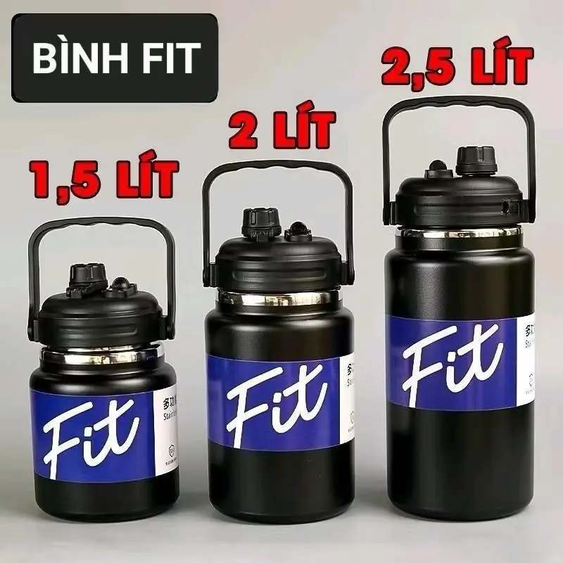 Bình giữ nhiệt lớn FIT 2500ml/2000ml/1500ml miệng rộng dáng lùn 2 kiểu uống kèm ống hút tiện lợi.