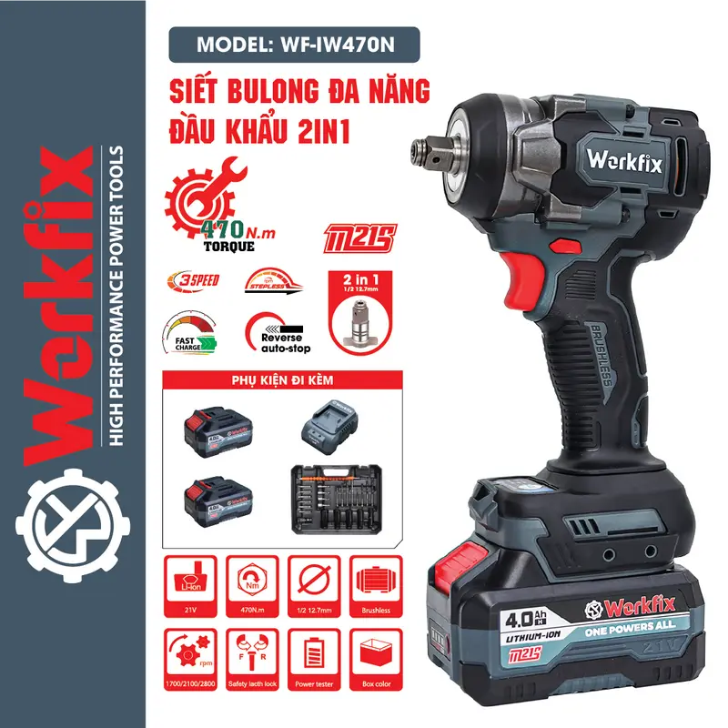 [ Tặng 25 phụ kiện] Máy Siết Bulong Workfix 470N.m - Đa Năng 2 In 1 - IW470NBL - Motor Brushless - Chân Pin Phổ Thông 2 Pin 21V/4Ah - Bảo Hành Chính Hãng 3
