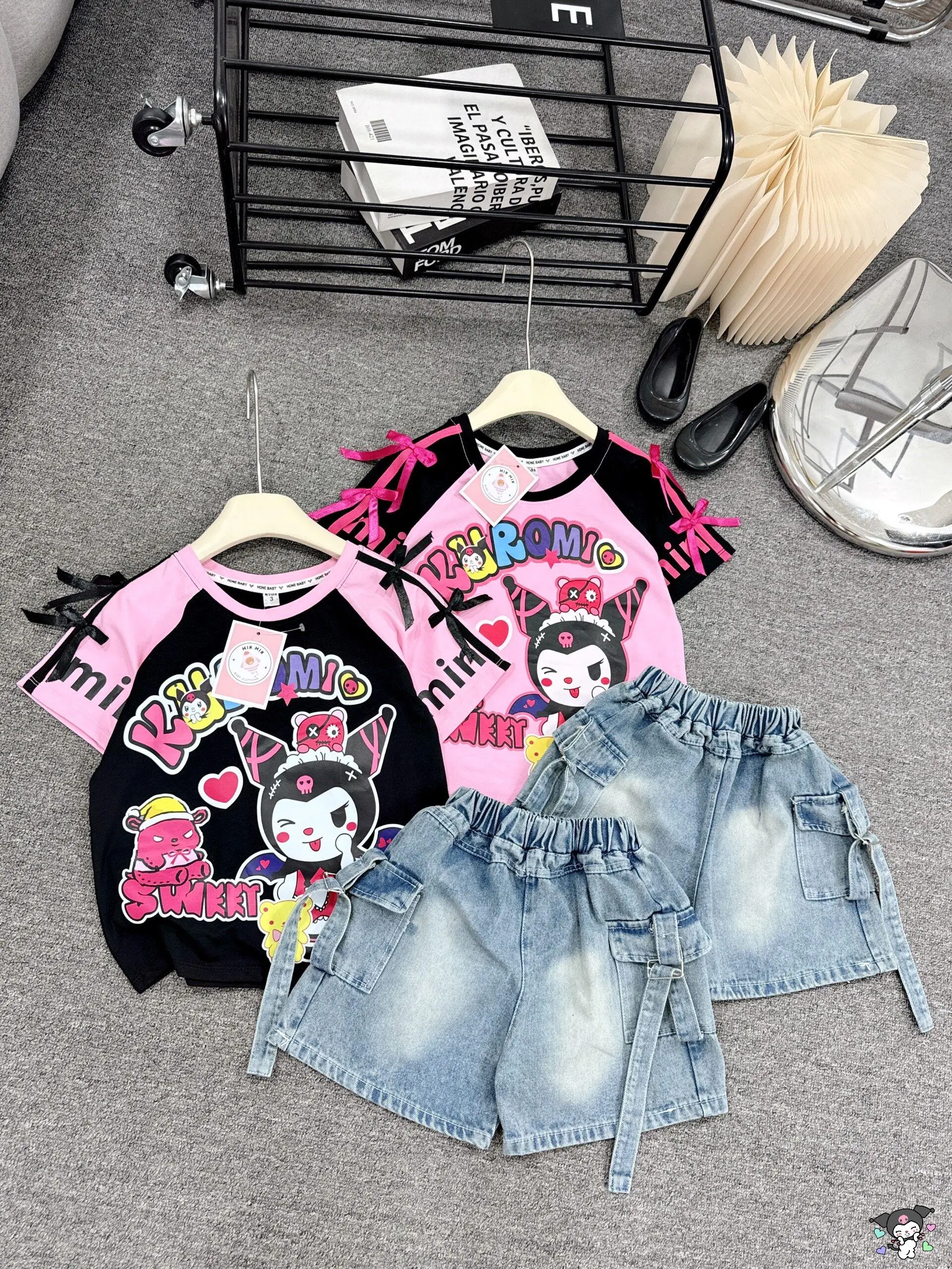 [MinMinKid3[ (15-45kg) Set áo thun cotton tay raglan phối quần so.oc jean TÚI HỘP xịn sò cho bé gái