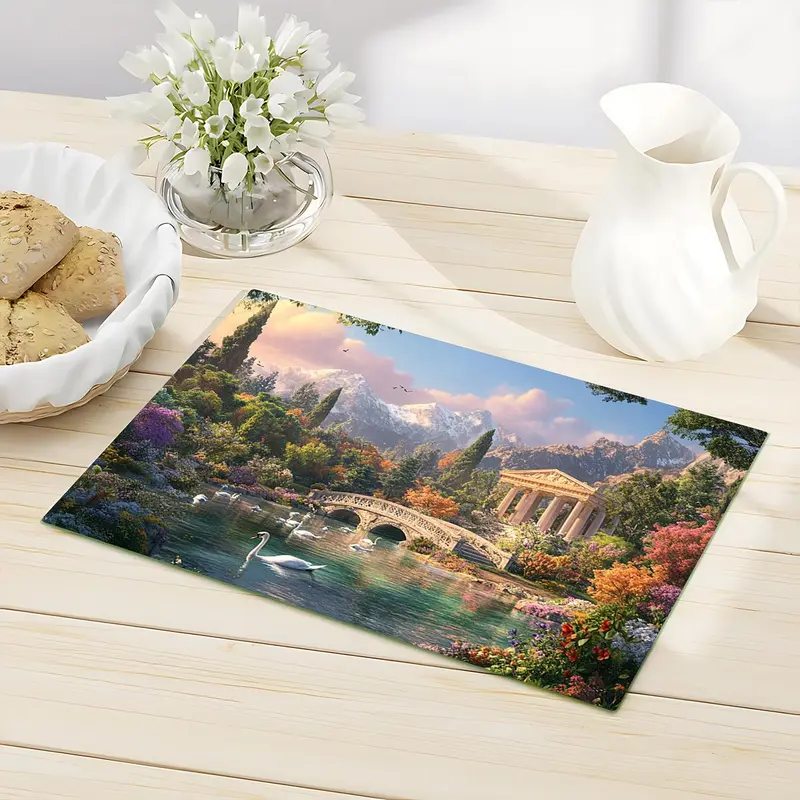 Landscape Pattern Kitchen Chopping Board, 1 Count Non-slip Heat Resistant Cutting Board with Handle, Kitchen Decorative Placemat 5