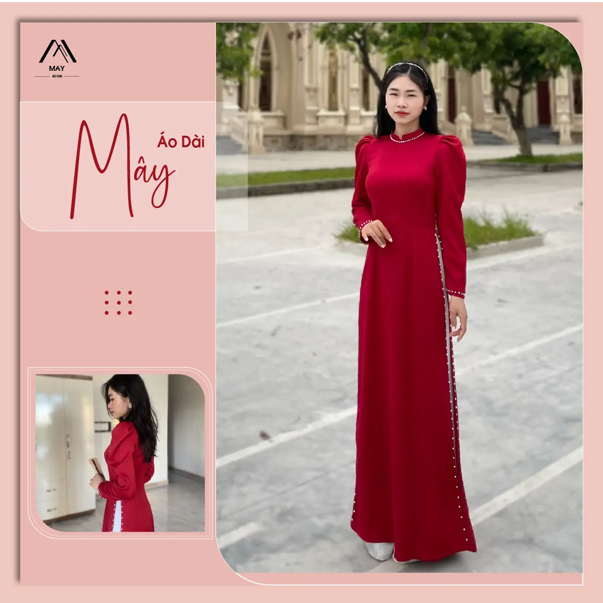 Áo dài đỏ lụa tây thi đính hạt trai tay bồng ADNM03 Dress Đầm Váy