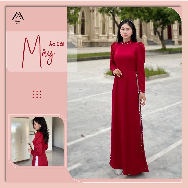 Áo dài đỏ lụa tây thi đính hạt trai tay bồng ADNM03 Dress Đầm Váy