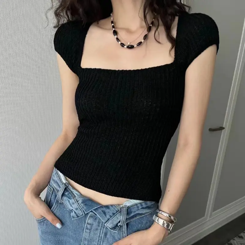 Women Knit Tops, Square Neck Short Sleeve Tie-up T-shirt Streetwear for Club Party