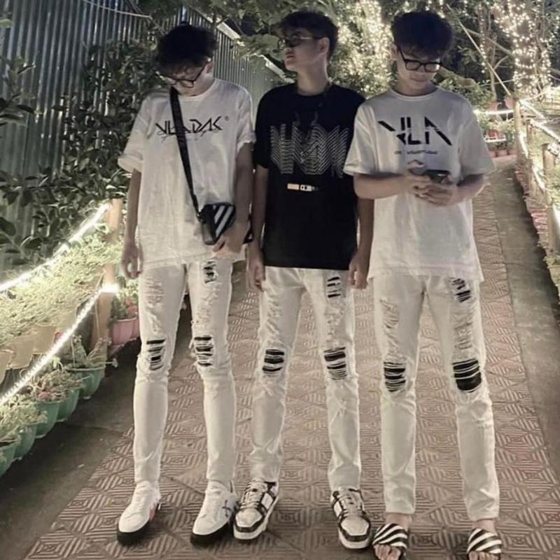 Quần jean nam AMIRI trắng vá da đen vá thêu cao cấp vải dày chất đẹp hottrend Menswear Pants