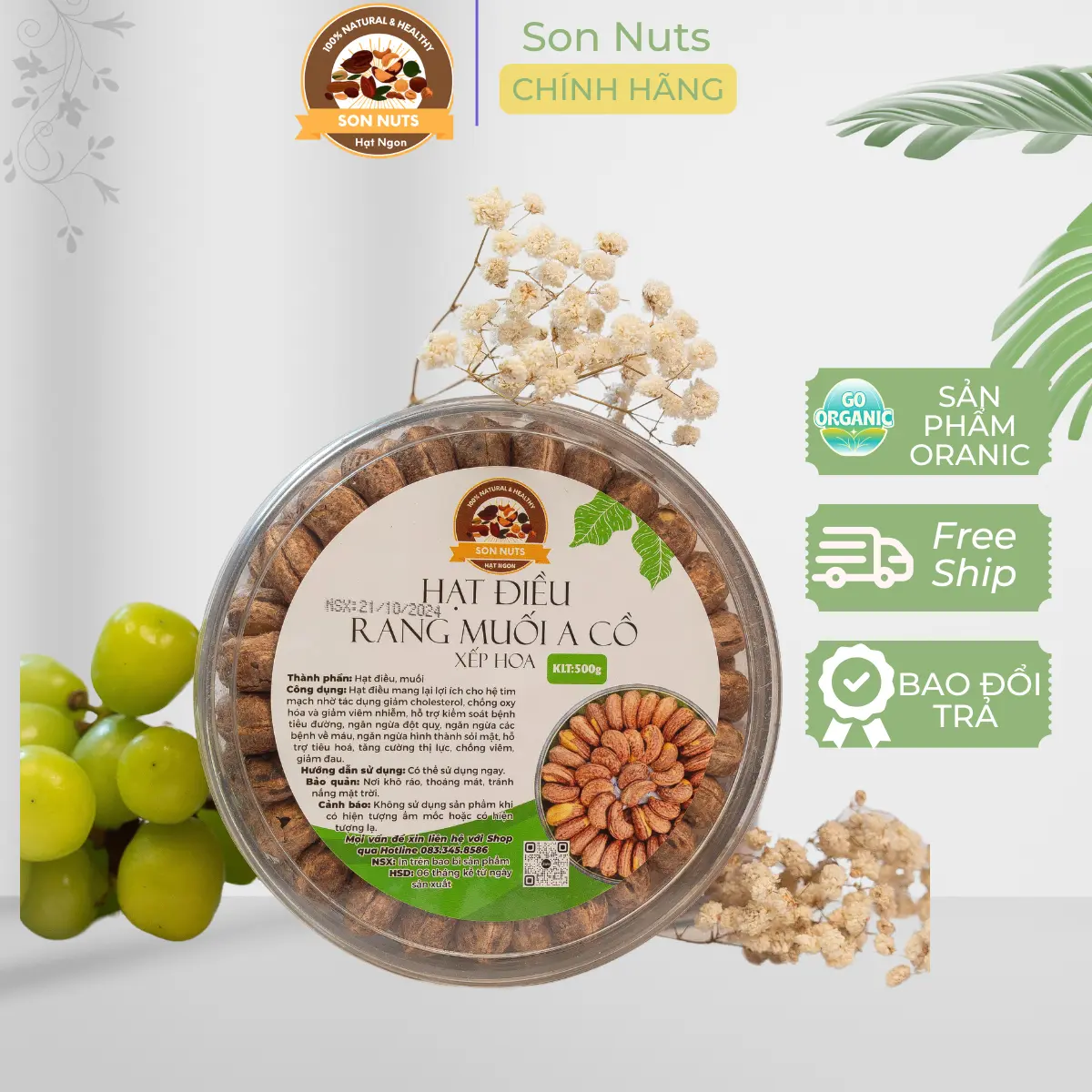 Hạt Điều Rang Muối Xếp Hoa A Cồ Size Đại, Son Nuts 500g - Hộp Sang Trọng, Hạt Điều Giòn Ngon Đậm Đà - Thực Phẩm Dinh Dưỡng Cao Cấp - Snack Ăn Vặt Thức Ăn Food Sen Socola