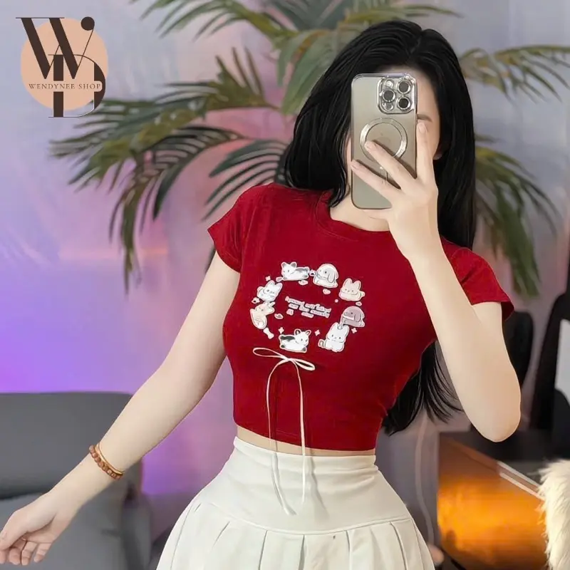 Áo Thun Croptop Borip Ôm Body Nữ Form Basic Cổ Tròn Tay Ngắn In Hoạt Hình đính nơ MLS303, Women Thun Sen Sò Hoa Sen Trắng Kem