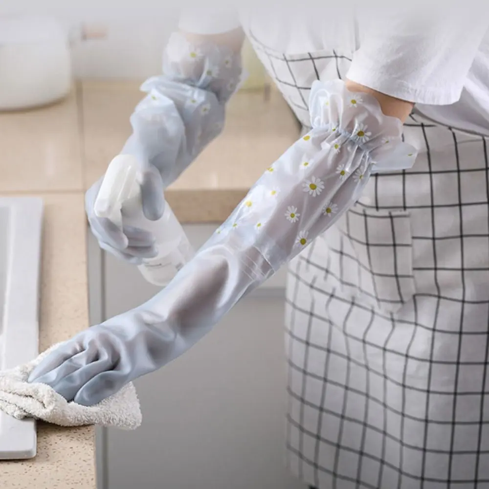 1 Pair Durable Extra Long Housework Gloves Print Non-Slip Rubber Gloves Waterproof Cleaning Long Gloves for Kitchen Cleaning Tool