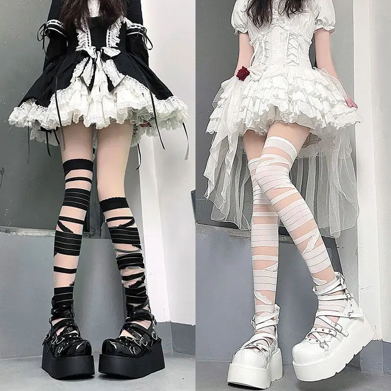 Japanese Lolita Black And White  Jk Uniform  Strap Stockings