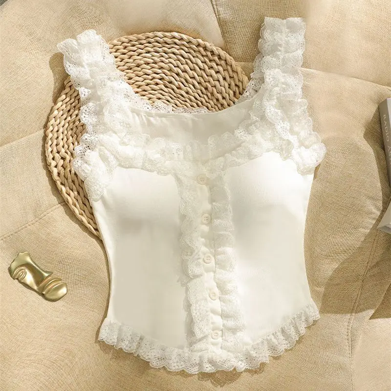 Áo Vest Lớp Cơ Sở Xếp Nhún Dành Cho Nữ, Ngọt Ngào Và Thanh Lịch, Có Đệm Ngực, Kiểm Soát Eo, Áo Hai Dây Ren Gợi Cảm, Áo Mặc Bên Ngoài, Thích Hợp Cho Mùa Hè