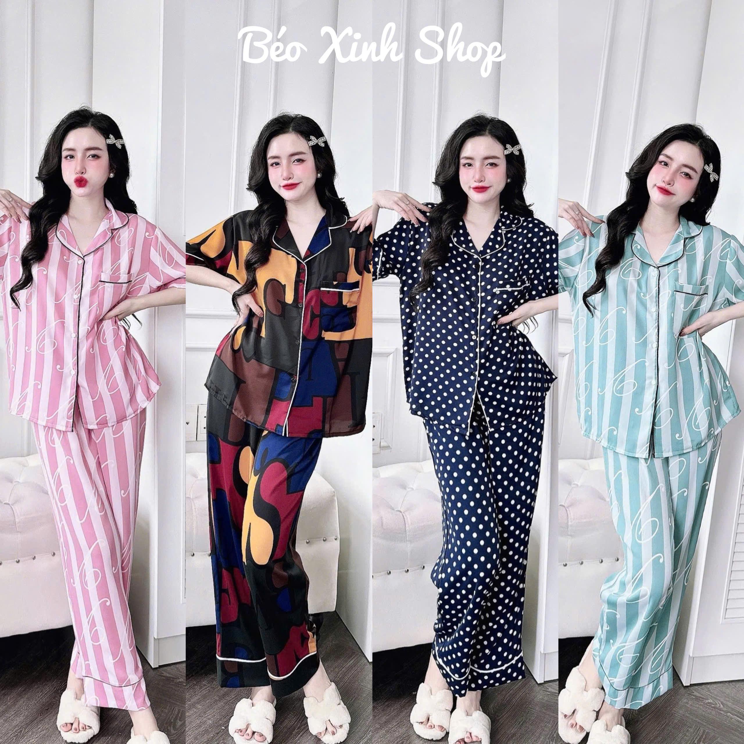 Đồ Bộ Pijama Bigsize Vải Lụa Măng Gồ Tay Ngắn Quần Dài 50-100kg Mặc Cực Thích Nữ Quần Ngủ Lịch - A.5418