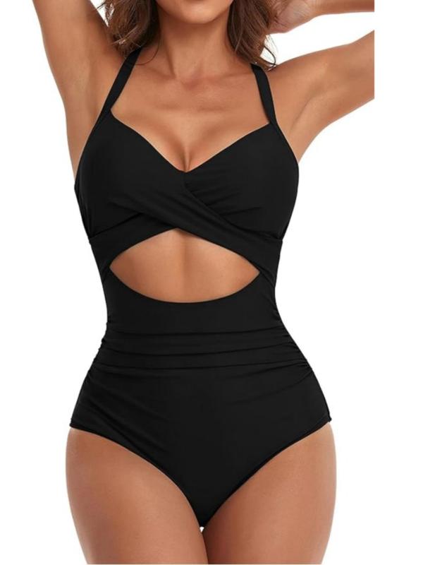 Women's Colorblock Print Criss Cross Cut Out Ruched One-Piece Cami Swimsuit, Casual Chic Sweetheart Neck Tie Back Sleeveless Swimwear, Ladies Summer Swimsuit for Beach Holiday Vacation 1
