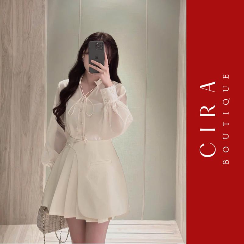 Set Áo Sơ Mi Chân Váy Sét Áo Đính Hoa + Chân Váy Xếp Ly Cira Boutique D0891 - Màu Trắng/Be, Size S/M/L/XL - Voan - Nữ, Women Top váy  tiệc