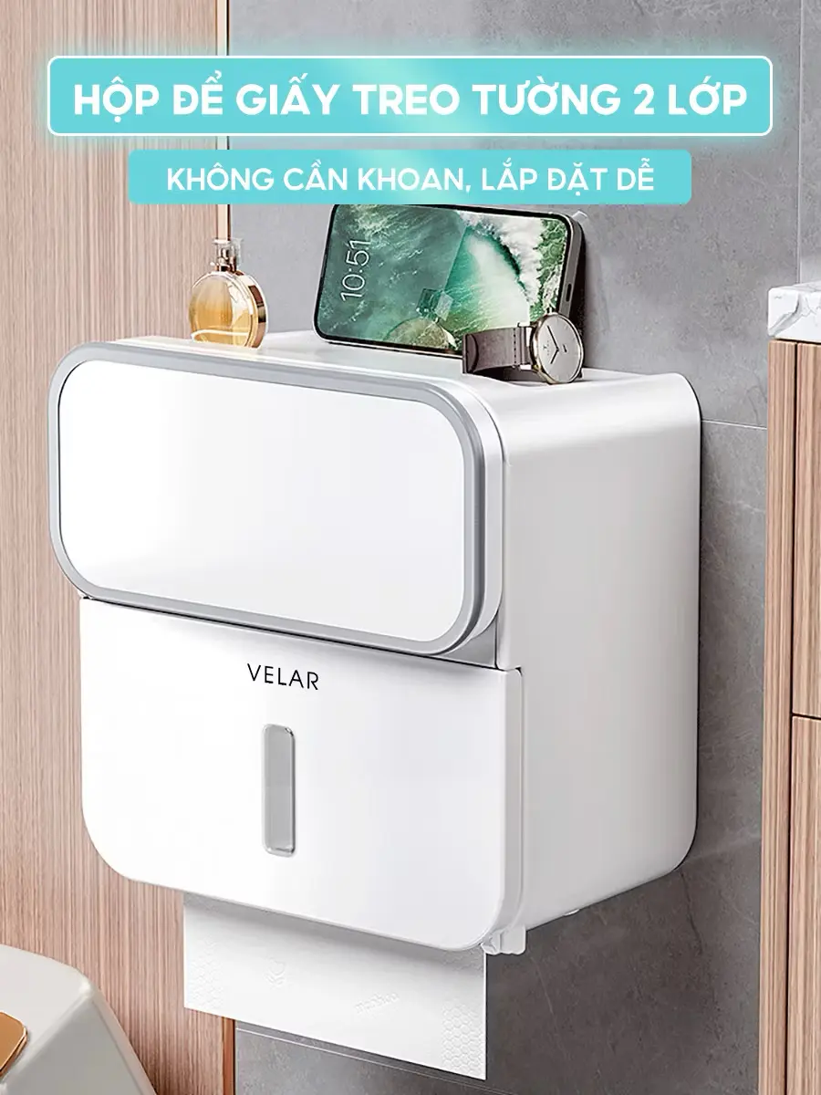 ￼Hộp đựng giấy nhà vệ sinh dán tường Velar kín chống nước có ngăn để đồ tiện lợi - VELAR09
