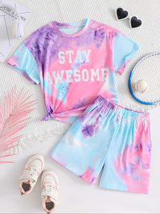 Girl's Tie Dye Print Short Sleeve T-shirt & Shorts Two-piece Set, Fun Casual Round Neck Tee & Shorts for Summer, Kids Clothes for Daily Wear