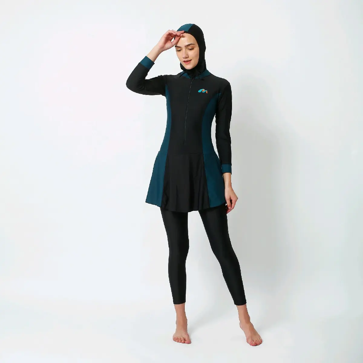 MedinaSportswear Baju Renang Muslim Slim Fit Series Black Tosca 20 SF dengan Cup Bra & Hijab Pendek Material Nylon Spandex Premium Melindungi Kulit dari UV Desain Fashionable