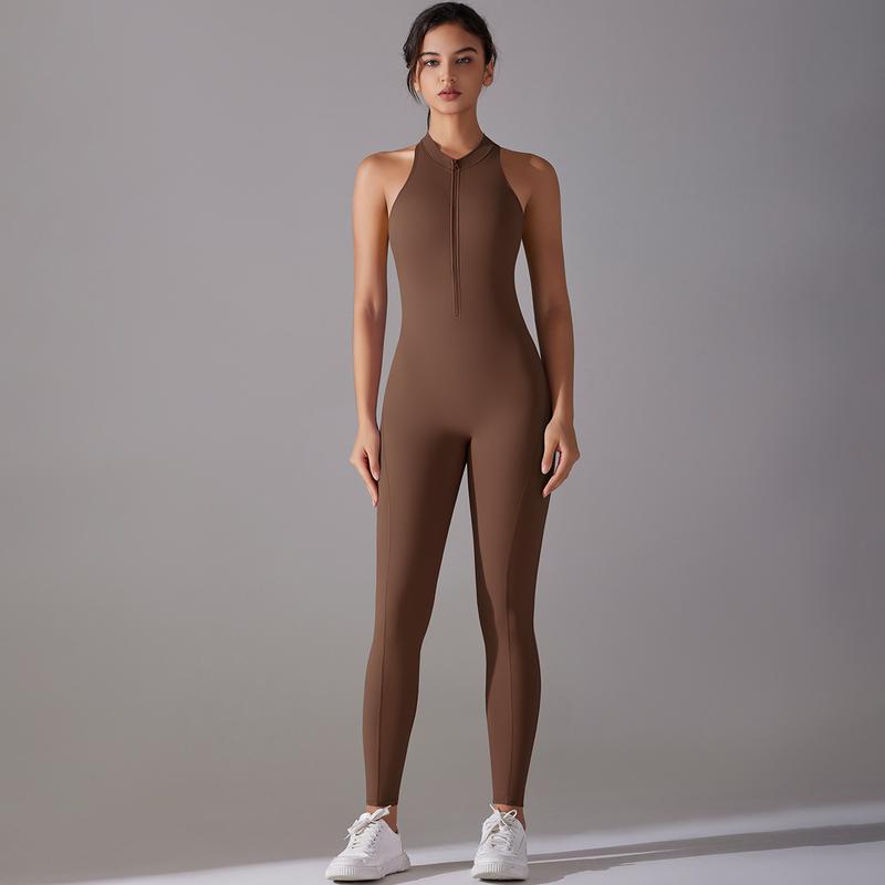 Product Introduction of Solid Color High Strength Tight Nude Feel Athletic Clothing Long Yoga Jumpsuit Running Fitness One-Piece 7