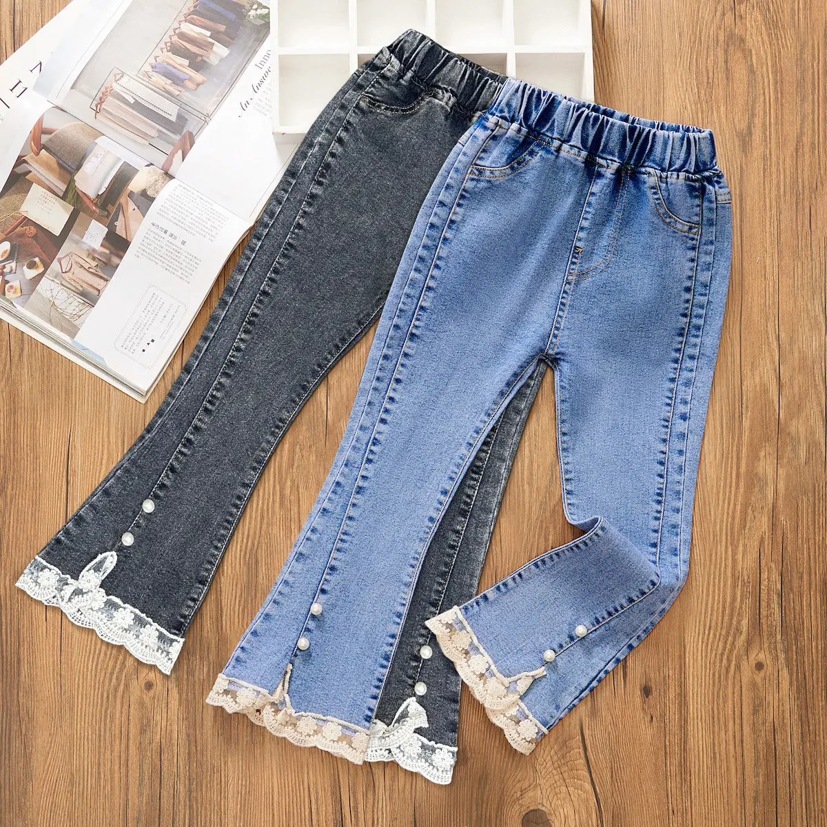 Seluar Jeans Perempuan, Pakaian Kanak-kanak, Koleksi Musim Bunga dan Musim Luruh, Ketibaan Baru, Sesuai untuk Kanak-kanak Sederhana dan Besar, Gaya Kasual, Kaki Lebar Longgar, Rekaan Tanduk Bayi, Seluar Perempuan