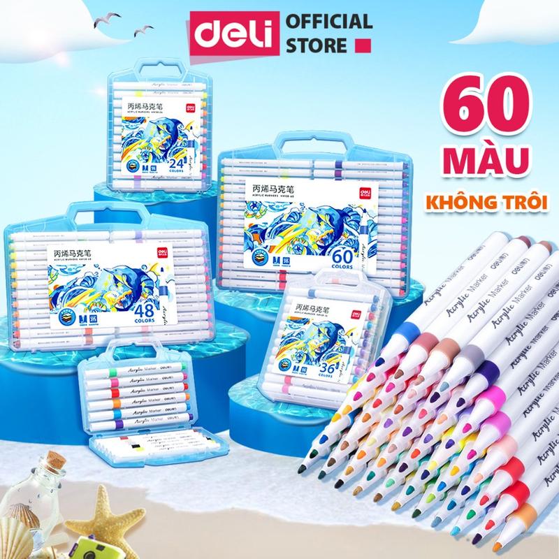 Bút sơn màu Acrylic Marker ngòi nhỏ Deli - Hộp Nhựa có quai xách tiện dụng - 12 24 36 48 60 Màu đậm đều chống thấm nước tô màu đi nét DIY vẽ giày quần áo chai lọ thủy tinh sứ HM108