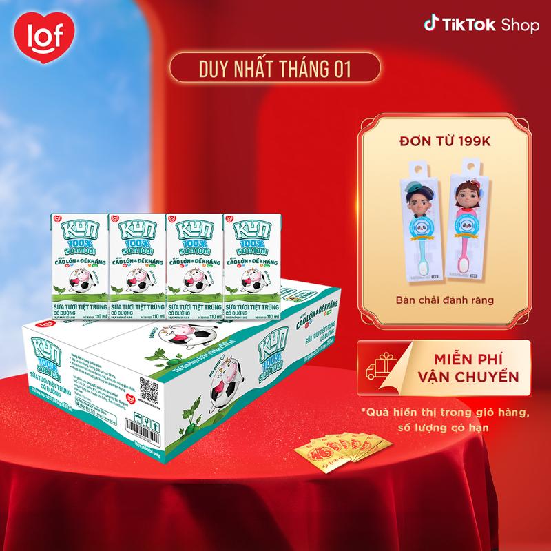  100% sữa tươi KUN có đường thùng 48 hộp x 110ml 