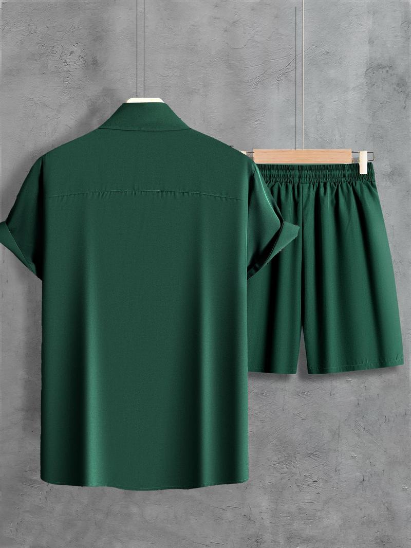 Product Introduction of 2 Counts Men's Plain Co-ord Set, Regular Fit Basic Button Front Shirt & Drawstring Shorts, Summer Outfits for Men 16