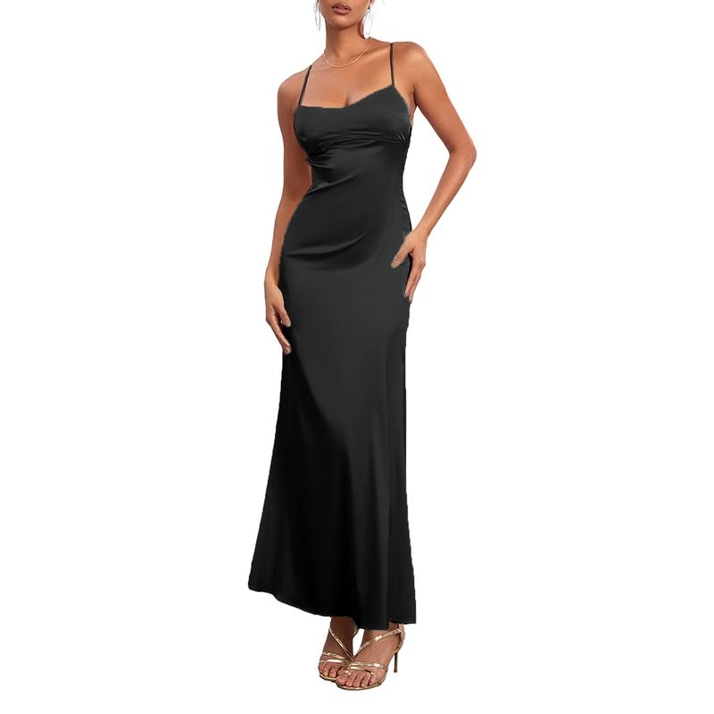 Product Introduction of Women's Summer Long Slip Dress Solid Color Sleeveless Spaghetti Strap Low Cut Backless Slim Dress 43
