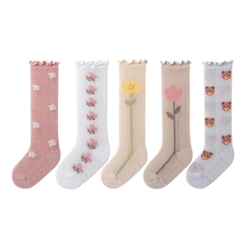 Product Introduction of Baby Socks for Girls Flower/Bear Print Mosquito Protection Mid-Calf Socks Spring Summer Breathable Kids Mesh Thin Socks 32