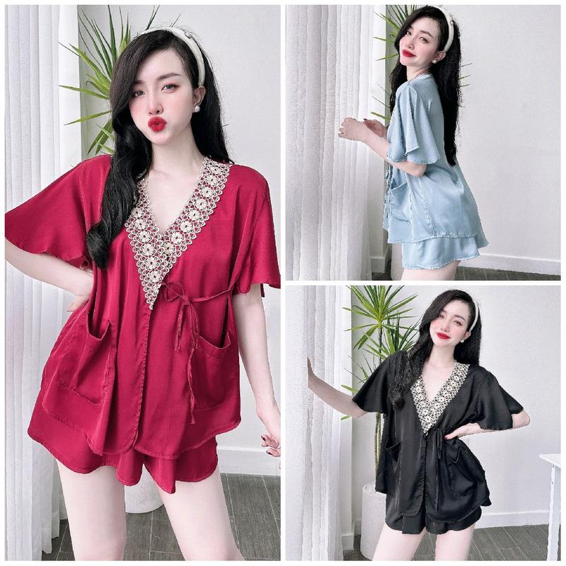 Đồ bộ pyjama nữ, Lụa Latin ren Hoa BIGSIZE dưới 70kg tay ngắn quần đùi  Nhung  Áo Ngủ Top Áo Trắng Women Nho dobo tay ngan