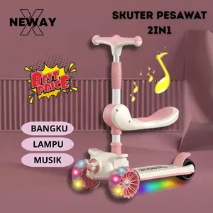 NewayX Skuter Mainan Anak Pesawat 2 in 1 Scooter Lipat 2in1 Duduk Roda Tiga Lampu Musik Rem Footstep