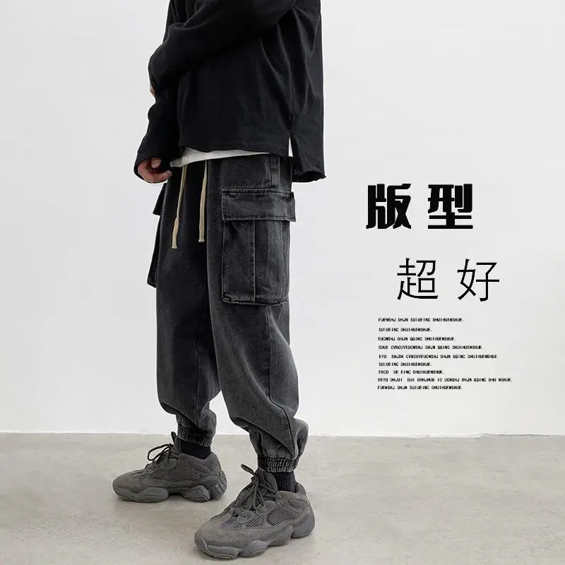 Pure Cotton Japanese Retro Washed Jeans for Men, Large Size, Loose Fit, Student BF Street Style, Spring Cargo Jogger Pants