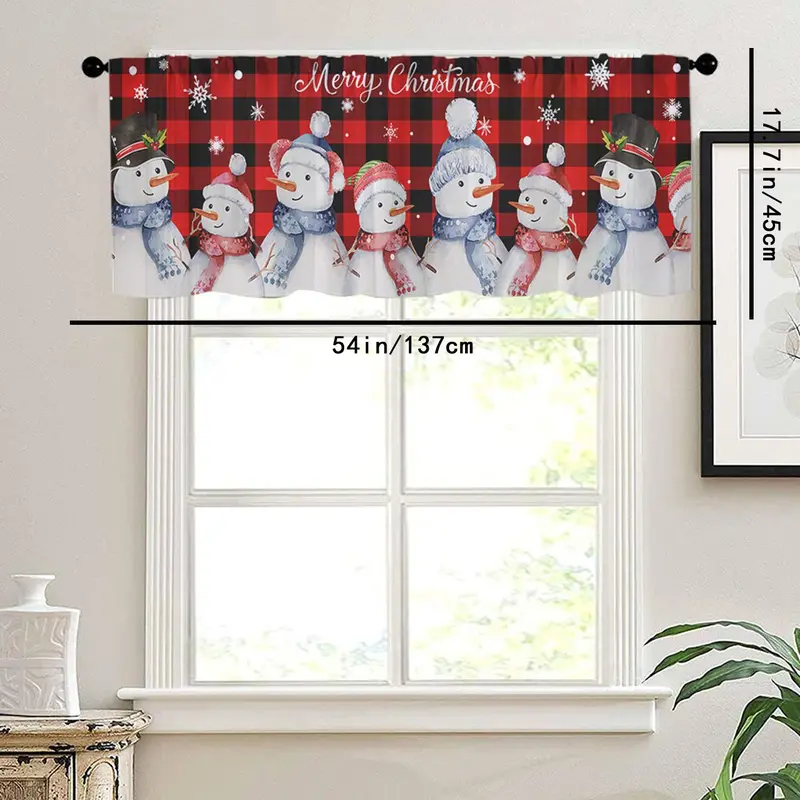 Snowman Pattern Christmas Themed Curtain, 1 Count Plaid Pattern Pocket Window Curtain, Window Drapes for Home Living Room Bedroom Decor 1