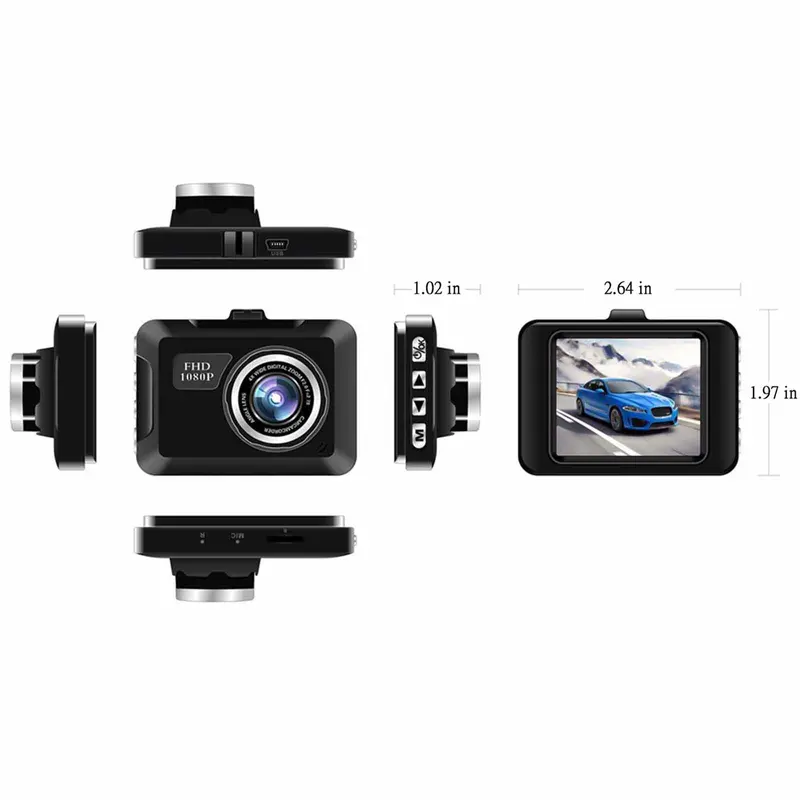 Camera hành trình, Camera ô tô FHD 1080P, Camera hành trình trên ô tô với màn hình 2.0 inch, Camera bảng điều khiển, Tầm nhìn ban đêm, Hỗ trợ tối đa thẻ 32GB 6