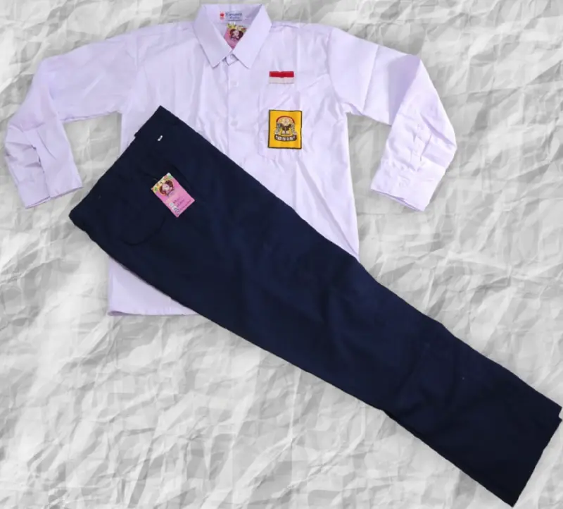 Set Komplit Baju Putih Panjang & Celana Biru Panjang SMP Kemeja Setelan Fashion 5