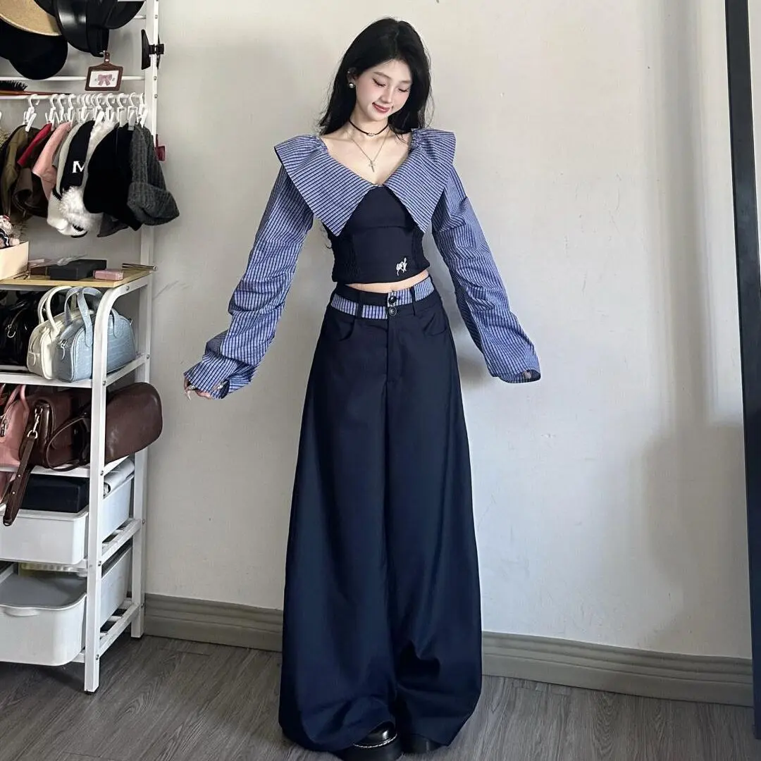 Áo Sơ Mi Trễ Vai Cao Cấp Phong Cách Hàn Quốc, Dành Cho Nữ, Bộ Sưu Tập Mùa Xuân, Thiết Kế Chắp Vá Sọc, Phong Cách Preppy, Dáng Ôm, Dáng Rộng Vừa Vặn, Áo Thường Ngày, Năm 2025