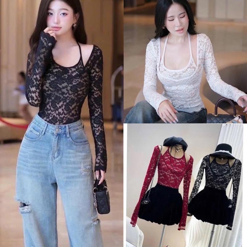 (Bigsize45-90kg) Áo Thun Nữ ÁO REN QC TAY DÀI CỔ YẾM THÊU HOA Hai Lớp Có Giản Top Women